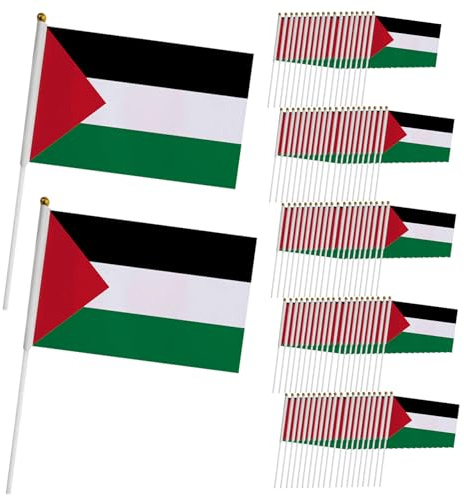 100 banderas pequeñas de Palestina con asta de plástico de 5,5 x 8,3 pulgadas, bandera de Palestina de mano de doble cara en palos, decoraciones resistentes a la decoloración