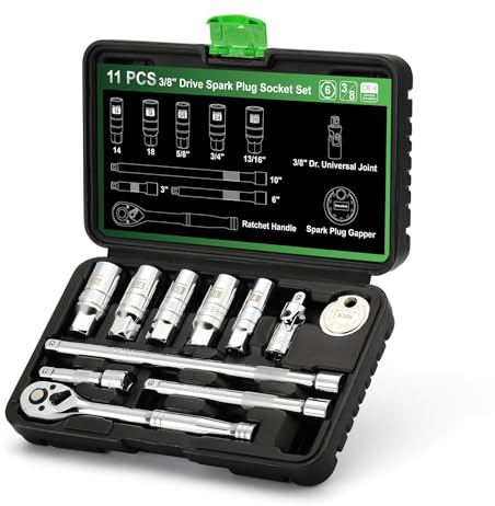 TecoTek 11-Piece Spark Plug Socket Set with 3/8 Drive Ratchet Handle, Spark Plug Gapper, Universal Joint and Extension Bar, 5/8, 3/4, 13/16, 14mm, 18mm, CR-V Sockets with Rubber Retaining Rings