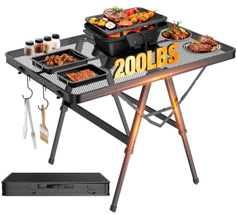 Raynesys Mesa Plegable para Parrilla con Mesa de Malla, Tabla Plegable Portátil de 3 Pies, Carrito de Parrilla de Metal de Altura Ajustable para Exteriores, Camping, Picnic, Barbacoa, Playa, RV, Negro