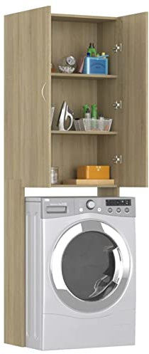 Gecheer Meuble pour Machine à Laver 64x25x190 cm Support de Salle de Bain avec 3 Compartiments et 2 Portes,Gain de Place Meuble de Rangement au-Dessus des Toilettes
