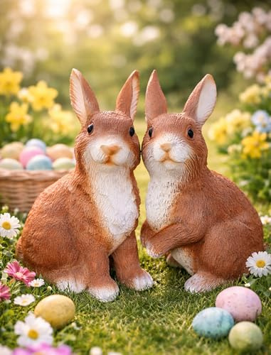 KAMACA 2er Set XL Osterhasen-Paar – Detailreiche Frühlingsdeko aus wetterfestem Polyresin – Handbemalte Hasen-Figuren für Garten, Balkon & Wohnzimmer – Große Osterfiguren Braun-Weiß