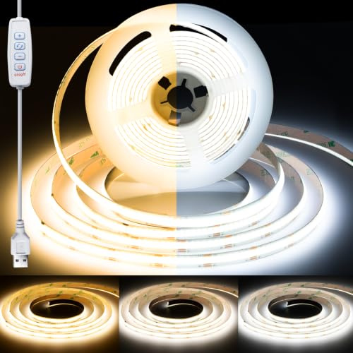 ShineBurky Striscia LED COB 5V USB, CCT 2700K-6500K 2 Metri 608LEDs/M CRI93+ Dimmerabili Strisce Luci LED Flessibile per Retroilluminazione TV, Cucina, Camera da Letto, Fai da Te