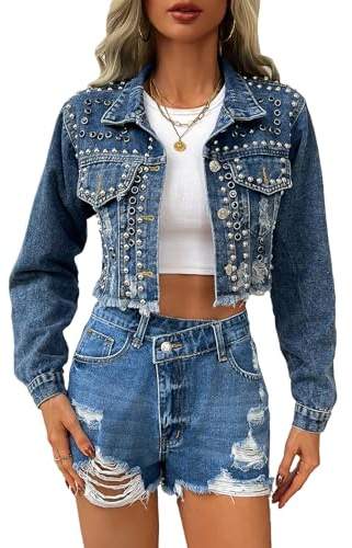 YILANUOYI Damen-Jeansjacke mit Nieten, kurze Jeans mit gewaschenen Perlen, 171 Blau, X-Small