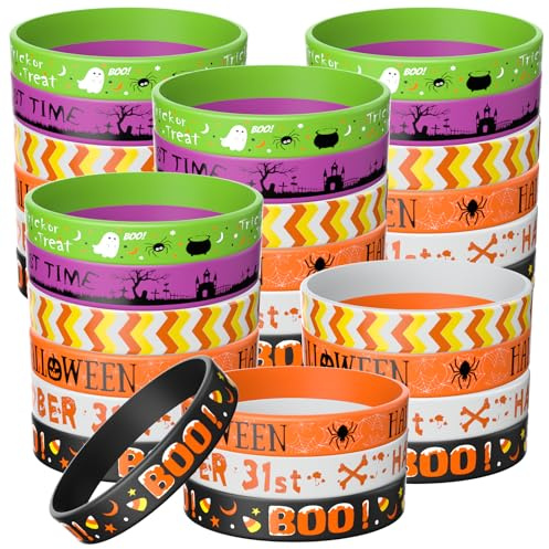 Morcheiong 60 Stück Halloween-Themen-Silikon-Armbänder für Halloween-Partyzubehör, 6 Designs (schwarz + orange + weiß + grün + lila)