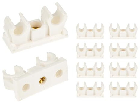 tecuro 10 Stück Doppel Rohrclip Rohrschelle Klemmschelle 8mm - mit Messing Gewindebuchse M6, aus Kunststoff - Weiß, für Rohre und Schläuche Ø 8 mm