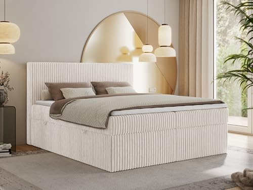 MKS MEBLE Boxspringbett 180x200 Beige Cord, Boxspringbett mit Matratze H3 + Topper T25, Bett mit Bettkasten and Kopfteil, Doppelbett mit Stauraum Polsterbett - Tiliano