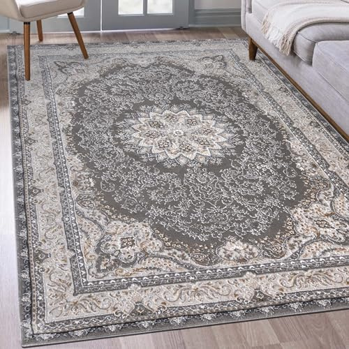Mazovia Teppich Wohnzimmer 140x200cm Anthrazit Grau Klassisch Weich Elegant | Teppich für Schlafzimmer Esszimmer Büro Eingangsbereich Pflegeleicht Maschinengewebt Allergikerfreundlich Kurzflor Blickfang