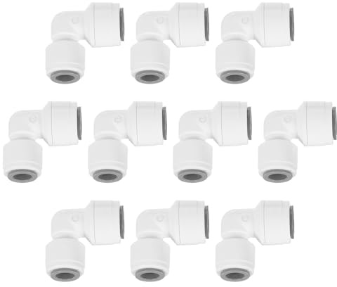 QUARKZMAN 10pz Raccordi a Pressione, 5/16 OD x 3/8 OD Raccordi Tubo Aria Tubo e Tubo Raccordo Rapido Plastica a Gomito a 90 Gradi per Sistema Acqua RO, Bianco (8-10mm)