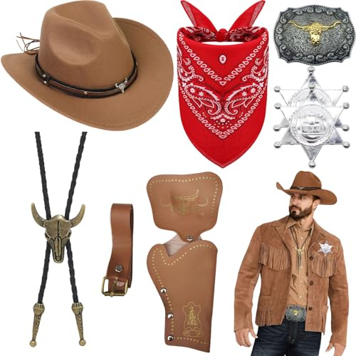 Saier tbo 8 Pièces Cowboy Costume Accessoires Set, Marron Cowboy Fancy Dress Kit avec Chapeau andana Insigne Ceinture Collier Vintage pour Adulte Hippie Carnaval Cosplay