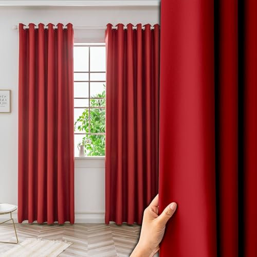 NINGBAI Verdunklungsvorhänge Schlaufen 120 x 270 cm Einfarbige/Winter Extra Warm/Modern Modern Schlaufenschal/Ösenschal Vorhang für Wohnzimmer, Rot