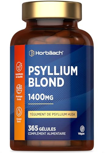 Psyllium Husk 1400 mg | Psylliumskal Kapslar | Fiber Kosttillskott | 365 Veganska Kapslar | Psylliumfröskal Capsules | Prebiotika Natur | Psyllium Husk Powder | av Horbaach