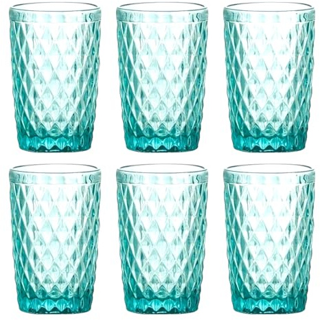 Set di 6 bicchieri da vino colorati e bicchieri da vino con motivo a diamante (rete), bicchieri da cocktail con goffratura in vetro (vetro turchese)