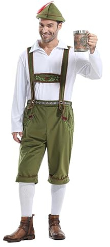 Aleshime Mens Bavarian Oktoberfest Costume Set - Bavarian Lederhosen Shorts, Shirt, Hat & Socks, Bavarian Beer Guy Fancy Dress Costume Oktoberfest Outfit Men