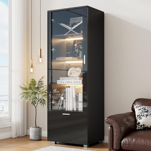 Merax Vetrina moderna con LED, vetrina in vetro con 3 ripiani, cassetto, vetrina lucida per oggetti da collezione, libreria con ante in vetro, per soggiorno, camera da letto, 50 x 40 x 160 cm, colore
