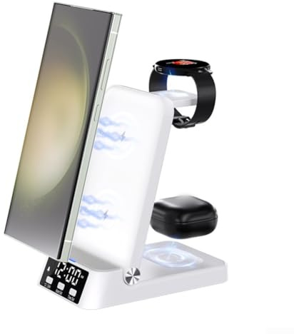 Chargeur sans fil pour Samsung, station de charge sans fil 3 en 1 pour téléphones Samsung, écouteurs et montres avec horloge, pour support de chargeur de téléphone portable Samsung (blanc)