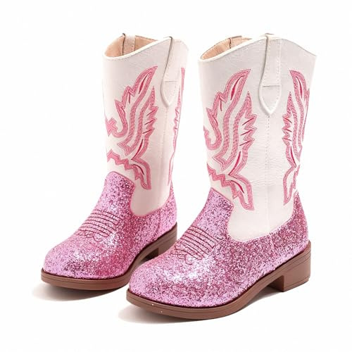 FQLGJMY Ragazze Cowgirl Stivano il Polpaccio Medio Tacco Ricamo Etnico Glitter Principessa Scarpe da Equino Primavera Autunno Inverno Per Bambini Unisex Party Cosplay Costume Ball