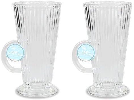 Cooke & Miller Latte Glasses Set of 2 300ml Clear Large Coffee Cups Hot Drink Mugs Coffee Glasses with Handle for Tea Latte Hot Chocolate Cappuccino Ice Cream Latte Home Café, Ribbed, Dishwasher Safe