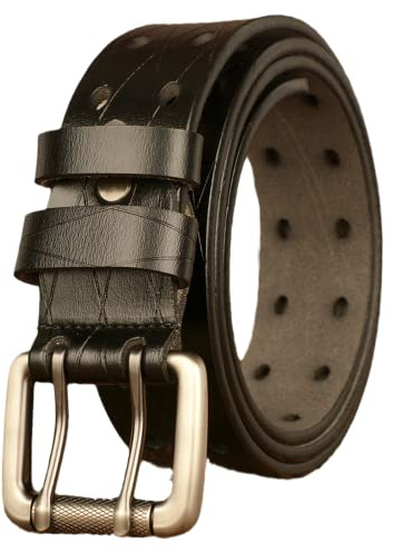 Herrbälte I Läder Med Dubbelt Spänne, Öljetter, Rullspänne, Vintagerem, Handgjorda Sömmar, Svart(Black,130cm/waist:45)