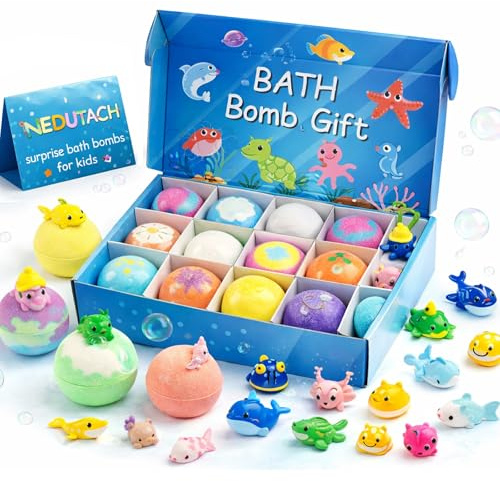 12-Pack Bath Bomb Toys for Kids Summer Time with Surprise Inside Fizzy Easter Bombs Cute Mini Gifts Set Fun Ocean Creature Basket Stuffers Birthday Holiday Present (1set)