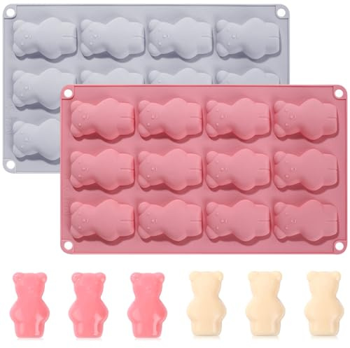 YXHZVON 2 moldes de silicona con diseño de ositos de chocolate, con 12 huecos, diseño de oso antiadherente para hornear, postres, pasteles, pasteles (rosa + azul)