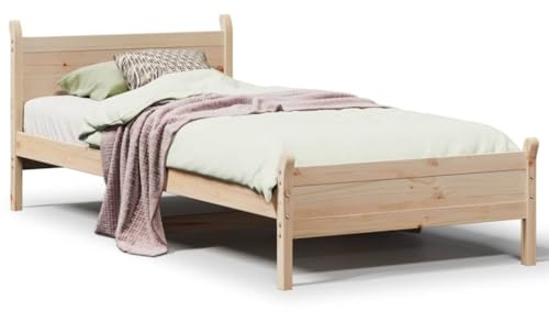 Foknhdi Massivholzbett 75x190 cm Einzelbett aus Kiefernholz, Stabiles Bettgestell inklusive Lattenrost, Rustikales Design mit Kopfteil und Stauraum, Natur