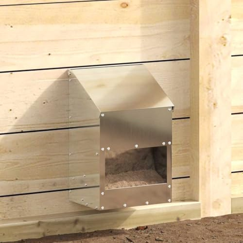 Metall Hühnerfutterspender 3kg, 21 x 16 x 33 cm, verzinkter Stahl, Hühnerfütterer Silber für Garten und Terrasse, robuster Futterspender für drinnen und draußen