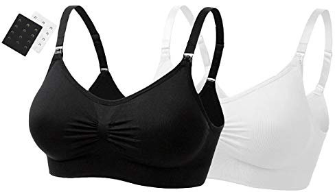 UtopyaUK Single or Double Pack Seamless Nursing Maternity Bra Padded Breastfeeding Drop Cup Sleep Comfortable Comfort Bra Crop Top Wire Free, 1 Black 1 White, L