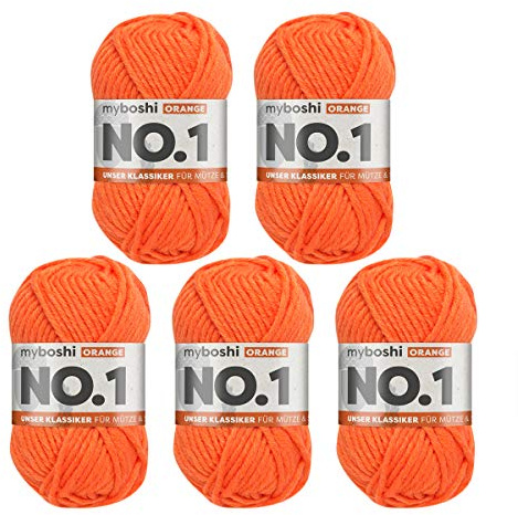 myboshi No.1 Wolle zum Häkeln und Stricken, Schnellstrickgarn, langlebige Mützenwolle, Strickwolle, Häkelwolle, mulesing-frei, 50g, Ll 55m Orange (Orange) 5 Knäuel