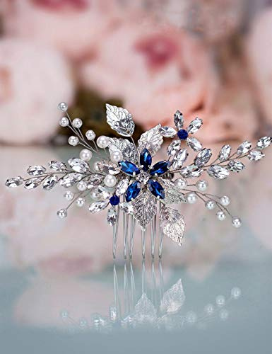 Anglacesmade Peigne à cheveux pour mariée en cristal saphir bleu avec perles et feuilles marquise - Accessoire pour cheveux pour femme et fille (argent)