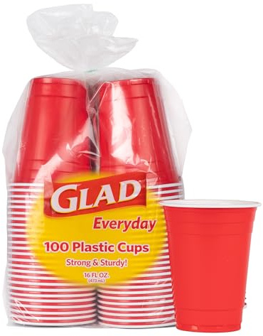 Glad Everyday Disposable Plastic Cups - Red Plastic Party Cups for All Occasions - Strong Plastic Drinking Cups for Parties, Holiday, Graduation, and Thanksgiving - 16oz 100 Pack Heavy Duty Solo Cups