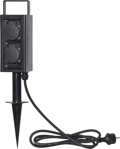 Star Trading 418-97 Gartensteckdose Plugge schwarz, für 4 Stecker, mit Bodenspieß,ca. 9x34 cm, 2 m Zuleitung, Outdoor,Vierfarb-Karton
