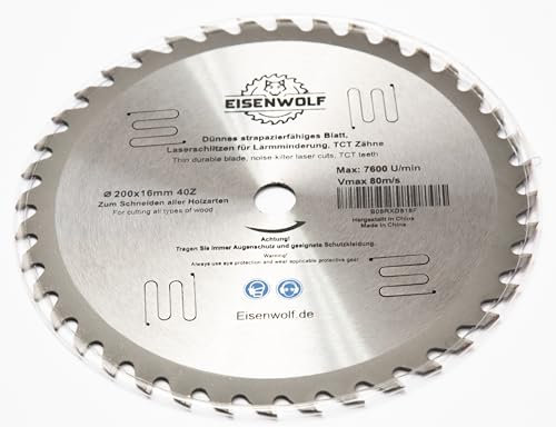 Eisenwolf lama da 200x16 mm, lama circolare per legno con 40 denti TCT inclinati e tagli laser per la riduzione del rumore