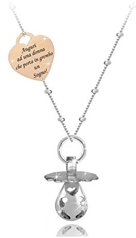 SAGA GIOIELLI® Collier appelé anges, tétine sonore, bola mexicain, collier de grossesse, cœur avec phrase émotionnelle en italien : meilleurs voeux à une femme qui porte dans son ventre un rêve!