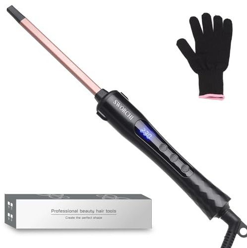Keramisk locktång 5 i 1 multifunktionell, utbytbar fat, vågigt vågtång kit för lång kort frisyr med värmebeständig handske (roséguld)