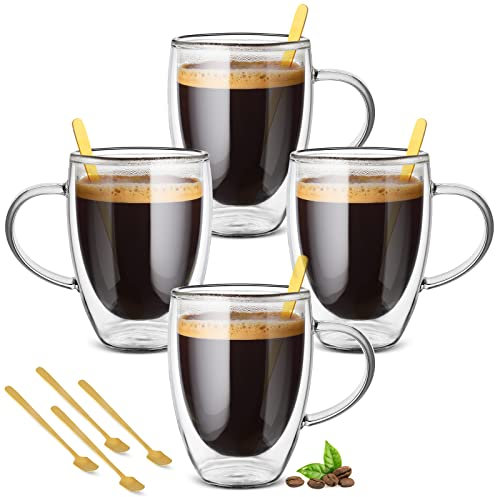 Cappuccino Glass Mugs, (Set of 4) 350ml Double Walled Espresso Mug Cups Glass Mug Set with 4 Golden Spoon, Drinking Coffee Cups with Handle, Clear Glass Mugs for Latte, Cappuccino, Tea Bag, Juice