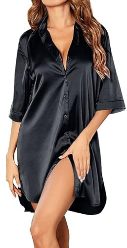 JFAN Chemises de Nuit Femme Satin Nuisette Court Col V Manches 3/4 Boutonnée Devant Pyjama Lâche Solide Chemise de Robe Vêtements de Nuit Noir Moyen