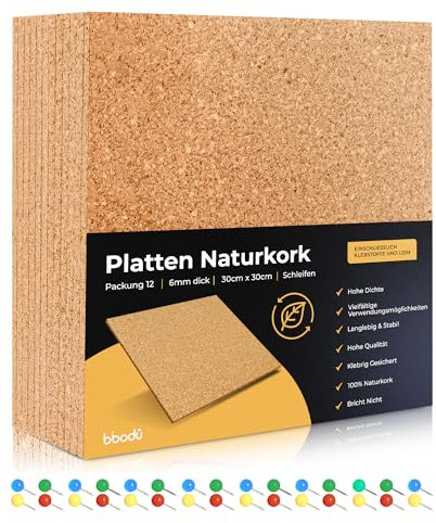 BIBODU Pinnwand Kork | 12 Korkplatte 30cm x 30cm & 6mm Dicke | Enthält 30 Pins | Korkwand Selbstklebend | Korkwand Pinnwand | Korkplatten für die Wand - Anzeigen - Büro | Kork selbstklebend