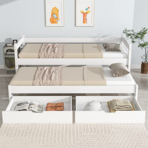 Moimhear Cama individual y doble, cama deslizable con ruedas en la parte inferior, con 2 cajones en MDF, estructura de madera maciza, blanco (90x200cm/90x190cm)