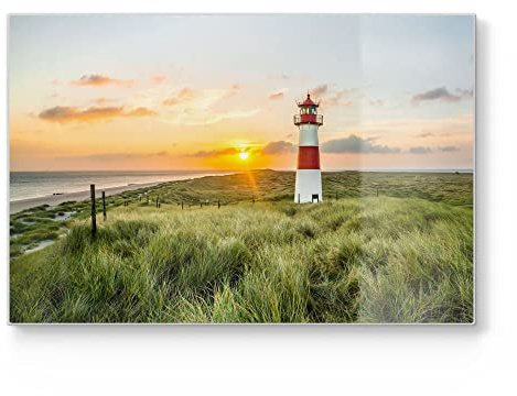DEQORI Schneidebrett aus Glas | groß 30x20 cm | Motiv Leuchtturmliebe | Design Schneideplatte für Küche | Frühstücksbrett antibakteriell & rutschfest | Glasplatte & Servierplatte