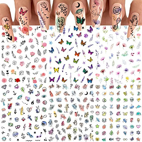 EGMBGM Nagelsticker Blumen Schmetterling 6 Blatt Nagelaufkleber Selbstklebend, Nail Sticker Nagel Aufkleber Graffiti Abstrakte Dame Gesicht, Nagelsticker Frauen Mädchen Nageldesign Nail Art Zubehör