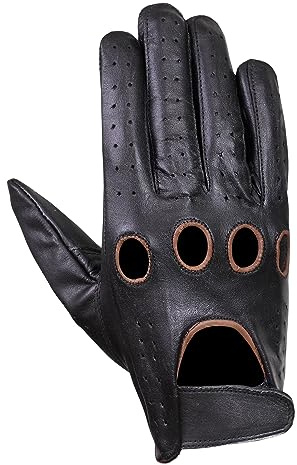 NORMAN Leder Herren Fahrhandschuhe Retro Stil Komfort Chauffeur Mode Lammfell weich, Schwarz/braune Löcher, X-Large