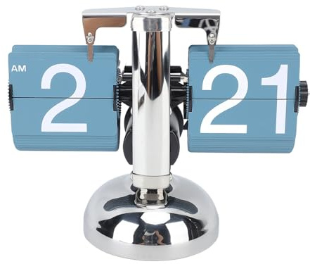 Retro Digital Flip Down, Auto Mechanical Flip Desk 304 Stainless Steel, 12 Hours Vintage Table for Home Office Christmas Decor (Single Leg Blue)