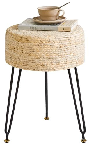 YMYNY Sitzhocker, Fußhocker, Ottoman, Fußhocker aus Natürliches Seegras und Metallbein, in ländlichen Stil, Handgefertigt, für Schlafzimmer, Wohnzimmer, Outdoor, 32×32×45CM weiß HBD029M