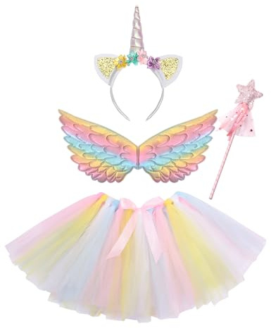 Clundoo Enhörningsdräkt för flickor, 4 st enhörning, cosplayset med enhörningsband, vingar och stav, enhörning, prinsessklänning för halloween, jul, karneval (vit)