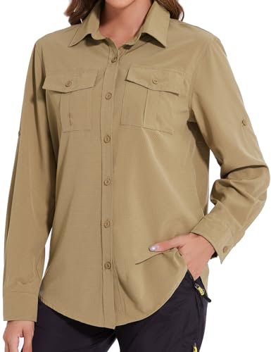 Tuopuda Camicia Donna Estiva UPF 50+ Camicetta Protezione Solare Maglietta a Manica Lunga Safari Blusa con Bottone Traspirante per Pesca Escursionismo Mare Spiaggia Piscina, Khaki, XL