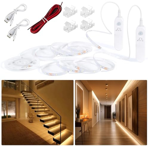 Hoobabuy Ruban LED avec Détecteur Mouvement et Capteur Lumière, Batterie Rechargeable, D'éclairage à Intensité Variable sous Armoire Pour Escaliers, Cuisine, 5M, Blanc Chaud 2700K