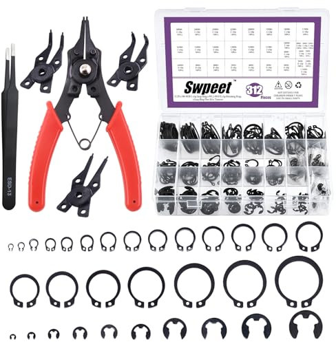 Swpeet 312Pcs 4 in 1 Snap Ring Pliers with Alloy Steel M4-M28mm C-Clip External Retaining Rings Snap Rings and 1.5mm-10mm E-Clips Retaining Rings Assortment Kit, Included Tweezer for Pin Clips Repair