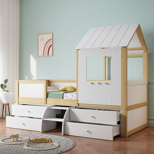 Soweiz Kinderbett, halbhohes Bett, Hausbett mit Dach und Fenster, Vierseitiger Zaun, mit 4 Schubladen und kleine Treppe, Kiefer+MDF+Sperrholz, Weiß+Natur, 90x200cm