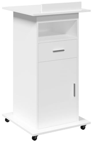 vidaXL Rednerpult, Stehpult mit Rollen Schublade, Mobil Stehtisch Rollbar mit Umrandung, Schreibpult Lesepult Neigbare Oberplatte, Weiß Holzwerkstoff