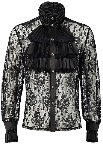 Halloween Kostüm Herren Lässig Shirt Hemd Herren-Halloween-Hemd, mittelalterliches Gothic-Hemd, Halloween-Verband, kurzärmeliges mittelalterliches Vintage Trachtenkleider Party Shirt mit (Black, S)